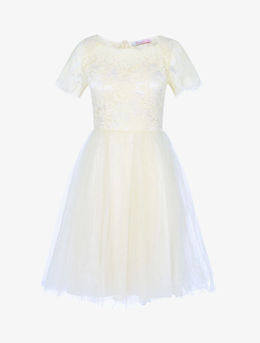 Robe En Tulle Et Dentelle Festonnée - Beige 3 Robe En Tulle Et Dentelle Festonnée - Beige