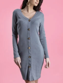 Robe Côtelée à Boutons Décoratifs à L'avant - Gris