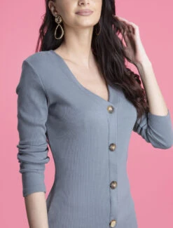 Robe Côtelée à Boutons Décoratifs à L'avant - Gris -DADA Vetements Magasin 130602 robe cotelee a boutons decoratifs a l avant gris 3