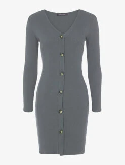 Robe Côtelée à Boutons Décoratifs à L'avant - Gris -DADA Vetements Magasin 130602 robe cotelee a boutons decoratifs a l avant gris 4