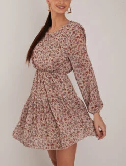 Robe Patineuse à Imprimé Floral - Beige