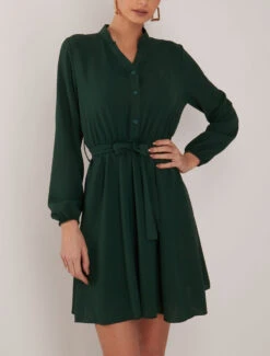 Robe Patineuse à Col Mao - Vert Foncé