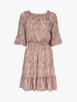 Robe à Col Bardot Et Imprimés - Camel