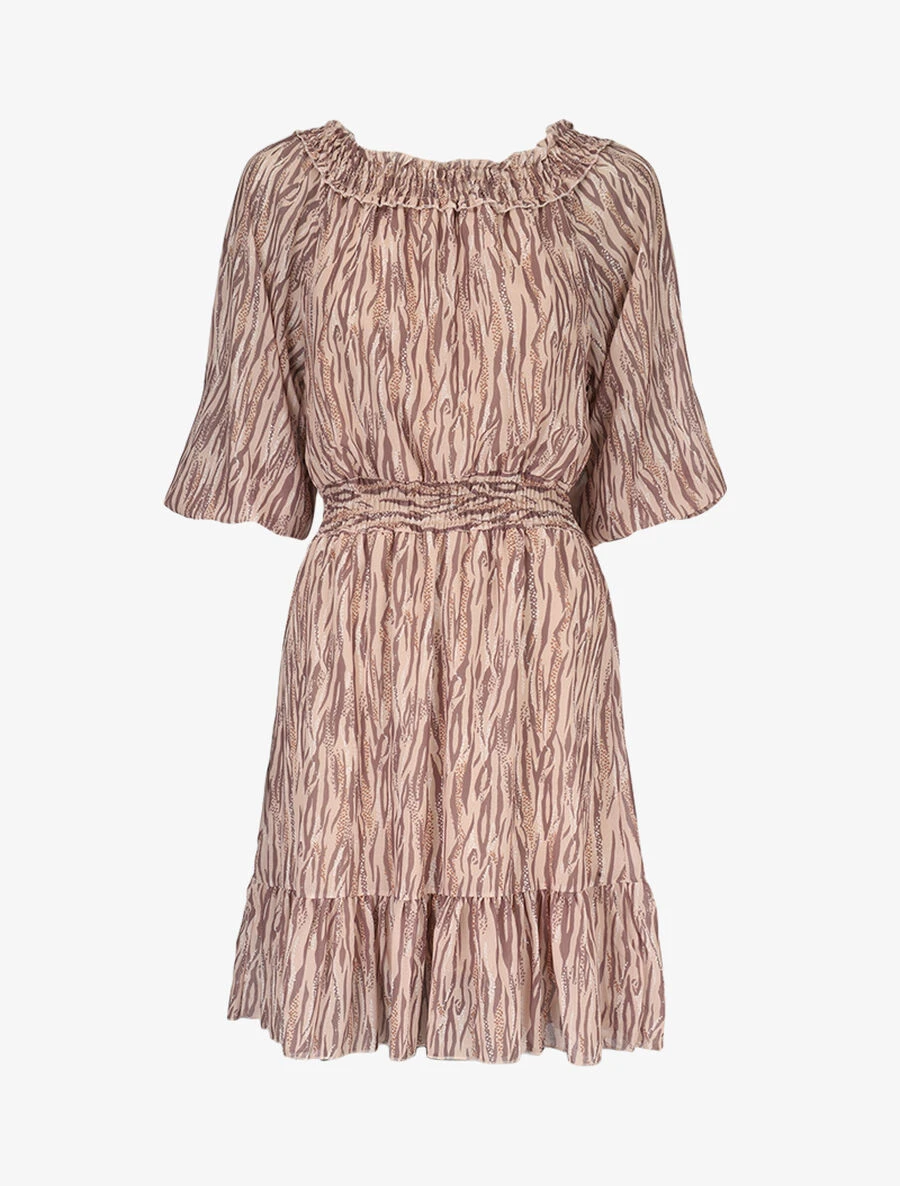 Robe à Col Bardot Et Imprimés - Camel 3 Robe à Col Bardot Et Imprimés - Camel