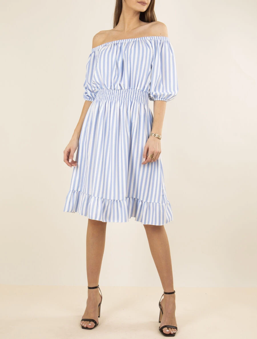 Robe Imprimée à Col Bardot - Bleu Ciel 3 Robe Imprimée à Col Bardot - Bleu Ciel