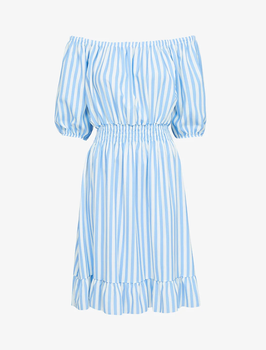 Robe Imprimée à Col Bardot - Bleu Ciel 4 Robe Imprimée à Col Bardot - Bleu Ciel – Image 2