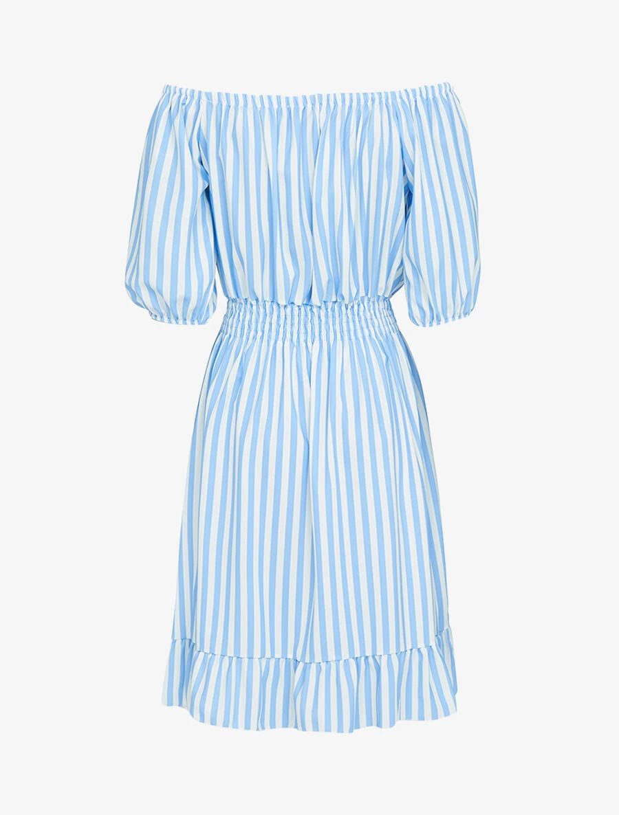 Robe Imprimée à Col Bardot - Bleu Ciel 5 Robe Imprimée à Col Bardot - Bleu Ciel – Image 3