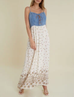 Robe à Buste Effet Jean Et Imprimés - Beige