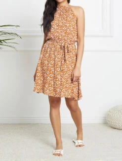 Robe Cintrée Imprimé Petites Fleurs à Col Américain - Camel -DADA Vetements Magasin GAO 1911 8