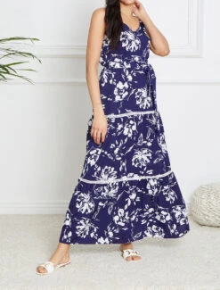 Robe Longue Patineuse Imprimé Fleurs Contrastantes - Bleu -DADA Vetements Magasin GAO 1968 8