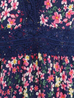 Robe Longue à Col Dentelle Et Imprimé Multi-fleurs - Marine -DADA Vetements Magasin GAO 2359 3