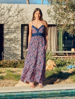 Robe Longue à Col Dentelle Et Imprimé Multi-fleurs - Marine -DADA Vetements Magasin GAO 2359 8