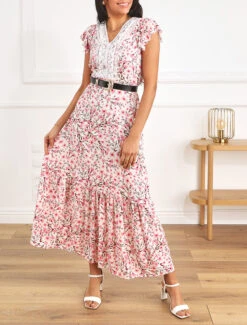 Robe Longue élastiquée Imprimé Fleuri Et Broderies - Blanc -DADA Vetements Magasin GAO 2366 8