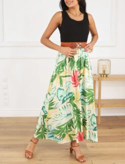 Robe Bicolore à Imprimé Tropical - Blanc -DADA Vetements Magasin GAO 2407 8