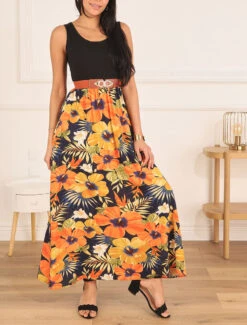 Robe Longue Bicolore Imprimé Tropical - Marine -DADA Vetements Magasin GAO 2472 8