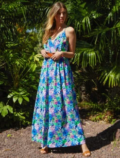 Robe Longue Imprimé Feuilles Sauvages à Bretelles - Bleu -DADA Vetements Magasin GAO 2500 8