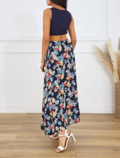 Robe Bicolore Imprimé Fleuri - Marine -DADA Vetements Magasin GAO 2607 6