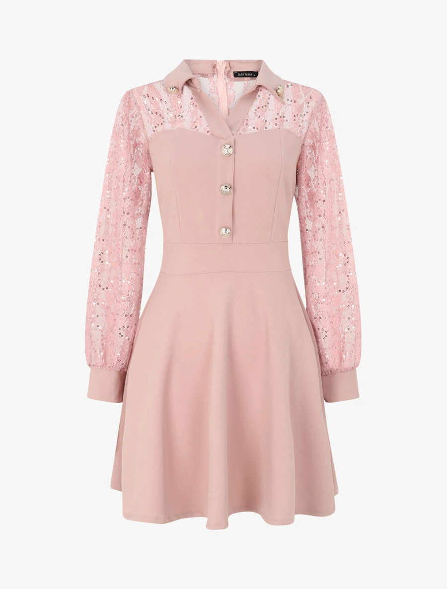 Robe Patineuse à Manches En Dentelle Et Boutons Dorés - Rose Poudré 3 Robe Patineuse à Manches En Dentelle Et Boutons Dorés - Rose Poudré