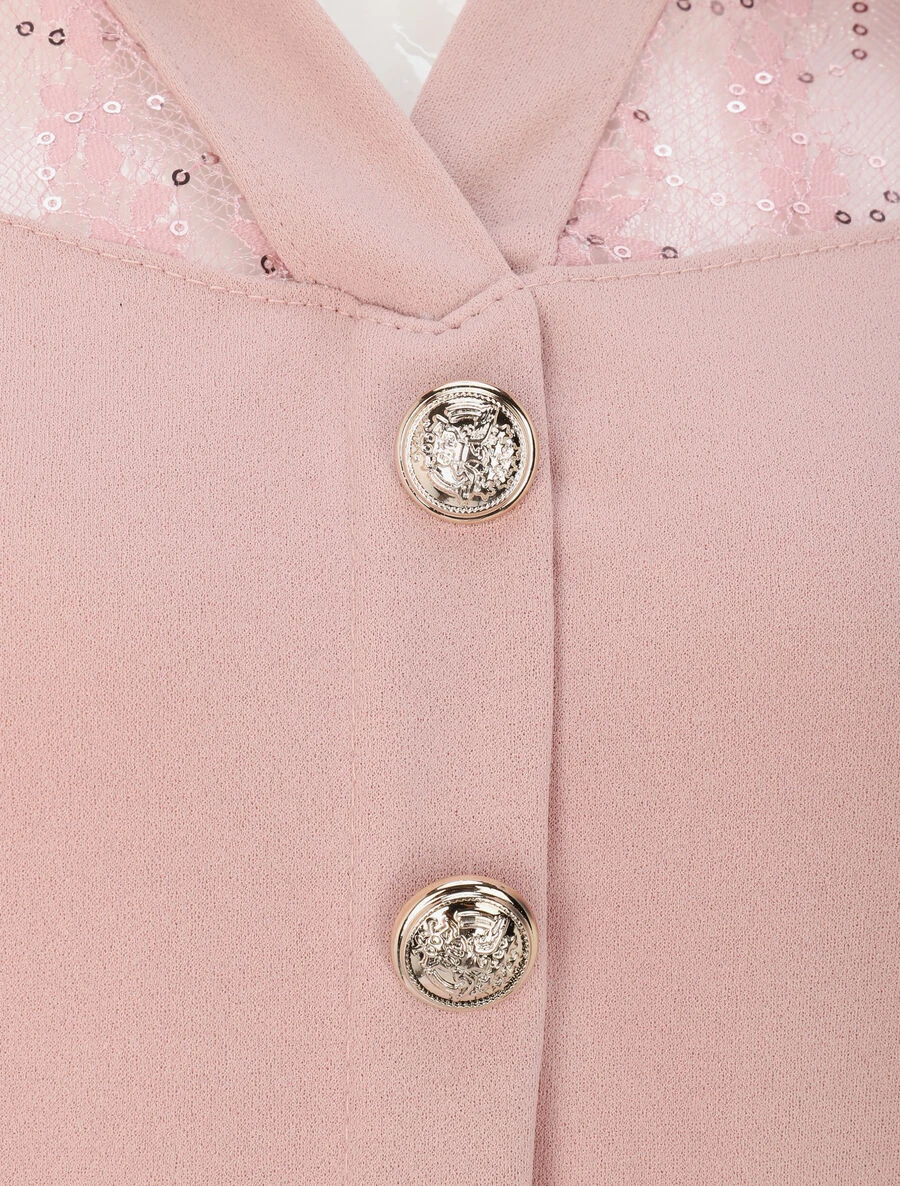 Robe Patineuse à Manches En Dentelle Et Boutons Dorés - Rose Poudré 5 Robe Patineuse à Manches En Dentelle Et Boutons Dorés - Rose Poudré – Image 3