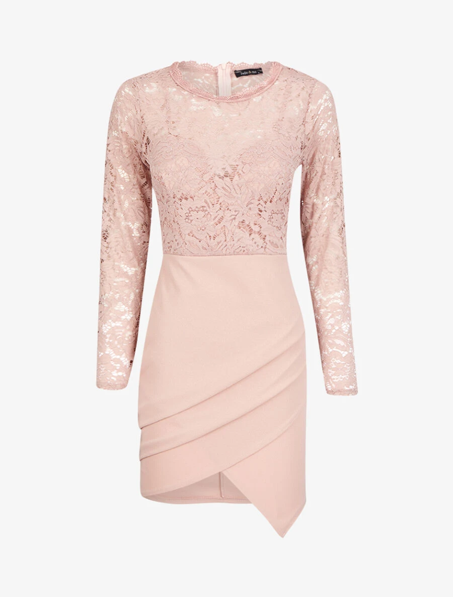 Robe Drapée à Empiècement Dentelle - Rose 3 Robe Drapée à Empiècement Dentelle - Rose