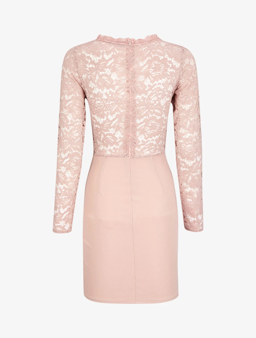 Robe Drapée à Empiècement Dentelle - Rose 4 Robe Drapée à Empiècement Dentelle - Rose – Image 2