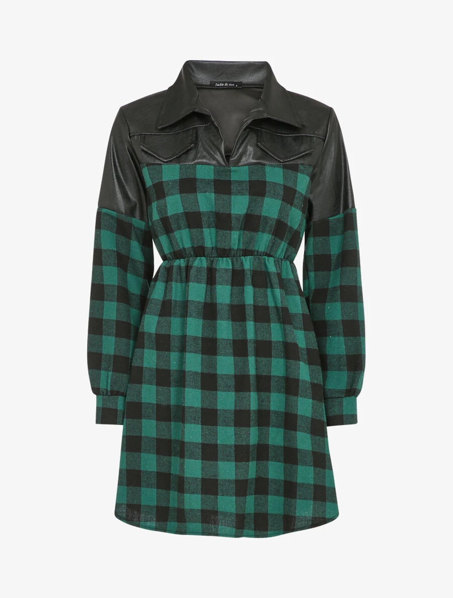 Robe Chemise à Carreaux Et épaules En Simili - Vert Sapin 3 Robe Chemise à Carreaux Et épaules En Simili - Vert Sapin