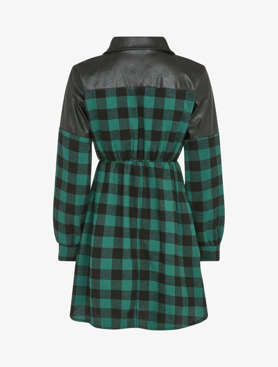 Robe Chemise à Carreaux Et épaules En Simili - Vert Sapin 4 Robe Chemise à Carreaux Et épaules En Simili - Vert Sapin – Image 2