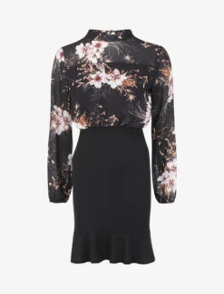 Robe Volantée à Motif Fleurs D'orchidées - Noir