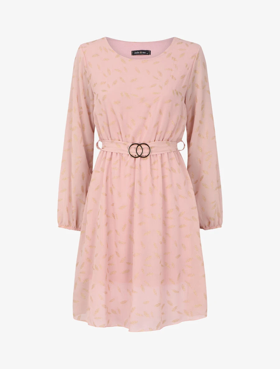 Robe Patineuse à Motifs Plumes Irisées - Rose Poudré 3 Robe Patineuse à Motifs Plumes Irisées - Rose Poudré