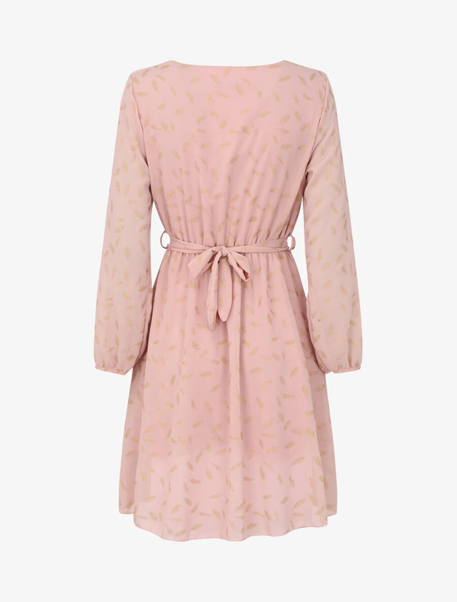 Robe Patineuse à Motifs Plumes Irisées - Rose Poudré 4 Robe Patineuse à Motifs Plumes Irisées - Rose Poudré – Image 2