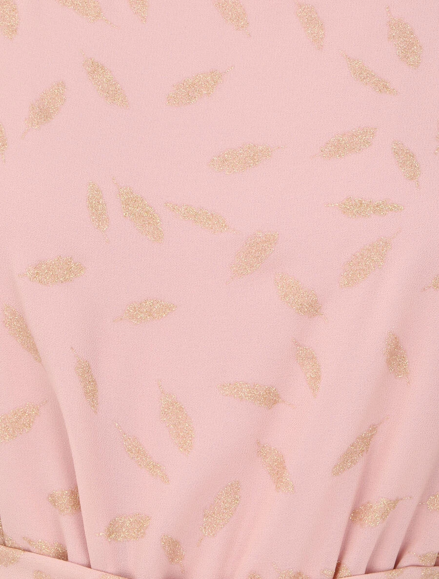 Robe Patineuse à Motifs Plumes Irisées - Rose Poudré 5 Robe Patineuse à Motifs Plumes Irisées - Rose Poudré – Image 3