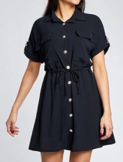 Robe Chemise Courte Oversize Unie à Manches Courtes - Noir 9 Robe Chemise Courte Oversize Unie à Manches Courtes - Noir -DADA Vetements Magasin MAX 1404 8