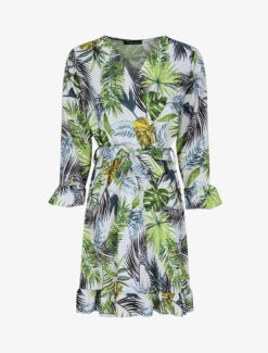 Robe Imprimé Tropical à Manches Et Bords Volantés - Blanc