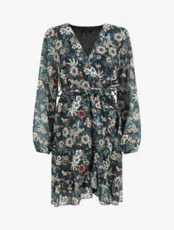 Robe à Volants Imprimé Fleurs Baroques - Bleu Foncé