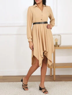 Robe Longue Asymétrique Unie - Camel -DADA Vetements Magasin MAX 4967 8