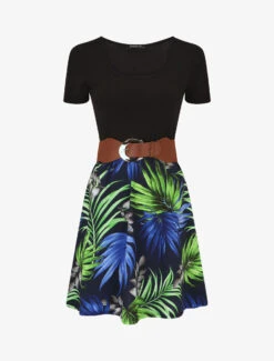 Robe Mi-longue à Imprimé Tropical - Marine