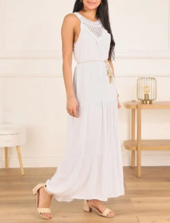 Robe Longue Bohème Sans Manches Col En Crochet - Blanc -DADA Vetements Magasin MAX 5065 8