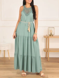 Robe Longue Bohème Sans Manches Col En Crochet - Vert D'eau -DADA Vetements Magasin MAX 5066 8