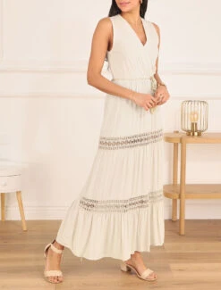 Robe Longue Unie à Col Cache-coeur - Écru -DADA Vetements Magasin MAX 5080 8