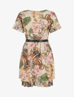 Robe évasée Manches Courtes Imprimé Fleurs Tropicales - Beige -DADA Vetements Magasin MAX 5397 2