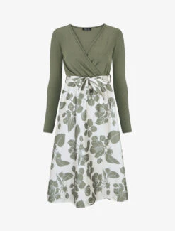 Robe Mi-longue Bi-matière Imprimé Grandes Fleurs - Vert