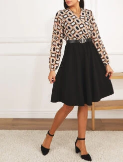 Robe Bi-matière Imprimé Graphique - Noir -DADA Vetements Magasin MAX 5442 8