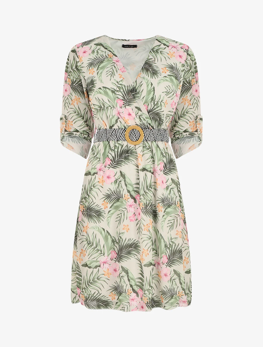 Robe Imprimé Tropical à Taille élastiquée - Beige 3 Robe Imprimé Tropical à Taille élastiquée - Beige