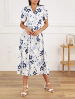 Robe Longue Fleurie Col Cache-coeur - Blanc -DADA Vetements Magasin MAX 5581 8