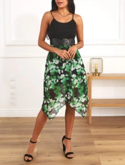 Robe Mi-longue à Bretelles Imprimé Végétal - Noir -DADA Vetements Magasin MAX 5701 8