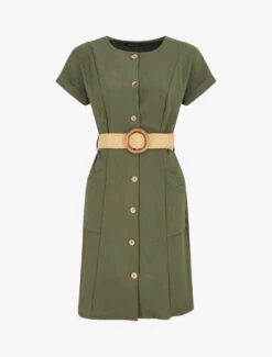 Robe Courte Unie Boutonnée à Manches Courtes - Kaki