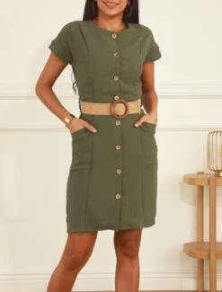Robe Courte Unie Boutonnée à Manches Courtes - Kaki -DADA Vetements Magasin MAX 5720 8