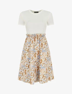 Robe Bi-matière Manches Courtes Imprimé Fleuri - Beige/blanc