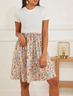 Robe Bi-matière Manches Courtes Imprimé Fleuri - Beige/blanc -DADA Vetements Magasin MAX 5790 8