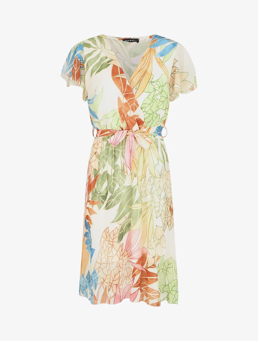 Robe En Voile élastiquée à Imprimé Feuilles - Crème 3 Robe En Voile élastiquée à Imprimé Feuilles - Crème